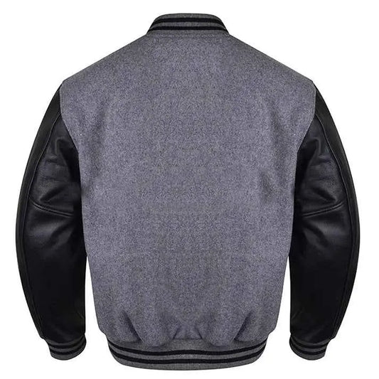 Premium Varsity Lettermen Baseball Jacket Dark Grey Wool Body & Black Leather Sleeves