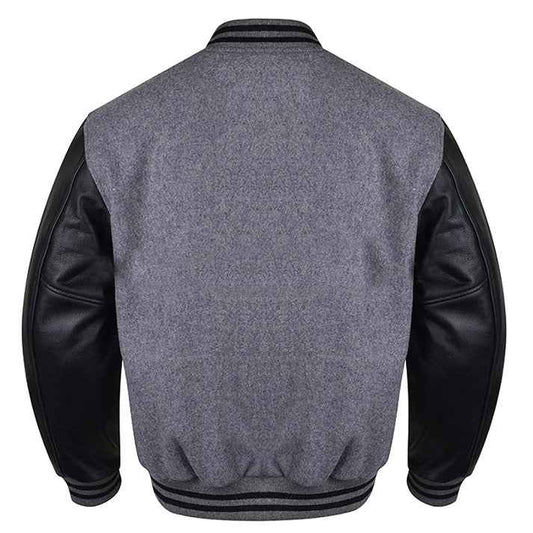Premium Varsity Lettermen Baseball Jacket Dark Grey Wool Body & Black Leather Sleeves