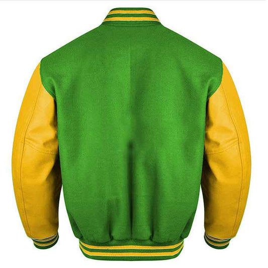 Premium Varsity Lettermen Baseball Jacket Forest Green Wool Body & Gold Leather Sleeves