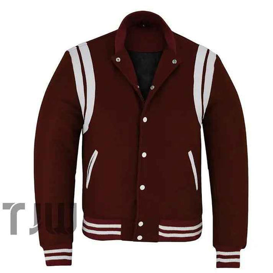 Classic Varsity Letterman Teddy Baseball College Dark Maroon Wool With White Double Leather Strip Jacket