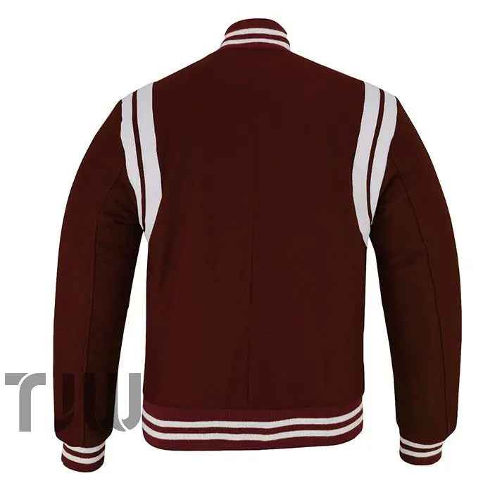 Classic Varsity Letterman Teddy Baseball College Dark Maroon Wool With White Double Leather Strip Jacket