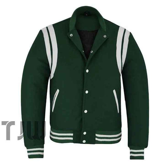 Classic Varsity Letterman Teddy Baseball College Forest Green Wool With White Double Leather Strip Jacket