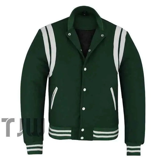 Classic Varsity Letterman Teddy Baseball College Forest Green Wool With White Double Leather Strip Jacket
