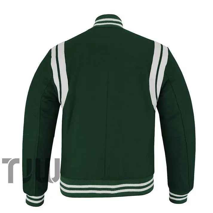 Classic Varsity Letterman Teddy Baseball College Forest Green Wool With White Double Leather Strip Jacket