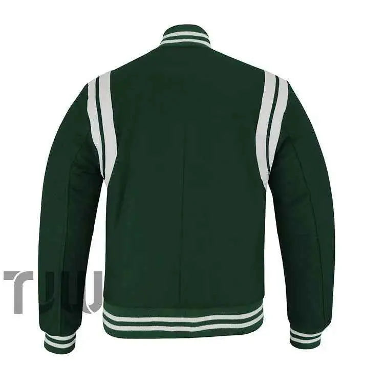Classic Varsity Letterman Teddy Baseball College Forest Green Wool With White Double Leather Strip Jacket
