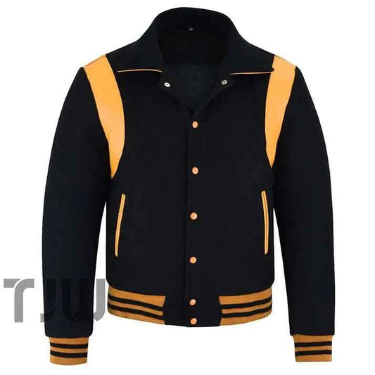 Classic Varsity Letterman Baseball College Black Wool With Gold Single Leather Strip Jacket