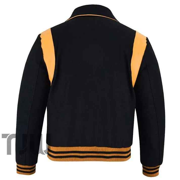 Classic Varsity Letterman Baseball College Black Wool With Gold Single Leather Strip Jacket