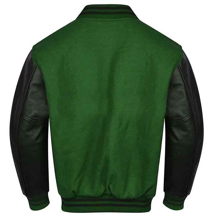 Premium Varsity Lettermen Baseball Jacket Forest Green Wool Body & Black Leather Sleeves