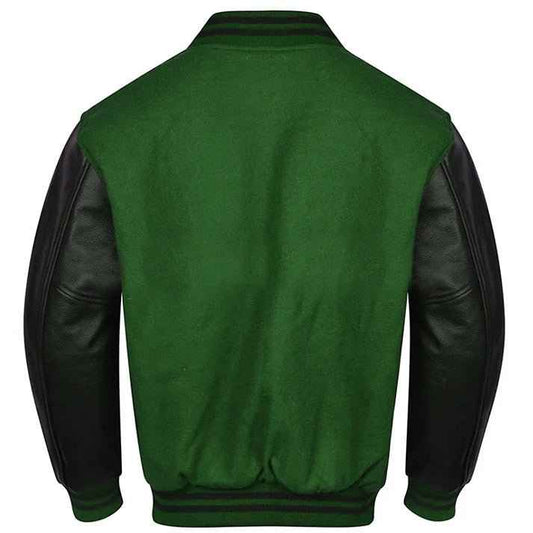 Premium Varsity Lettermen Baseball Jacket Forest Green Wool Body & Black Leather Sleeves