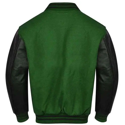 Premium Varsity Lettermen Baseball Jacket Forest Green Wool Body & Black Leather Sleeves