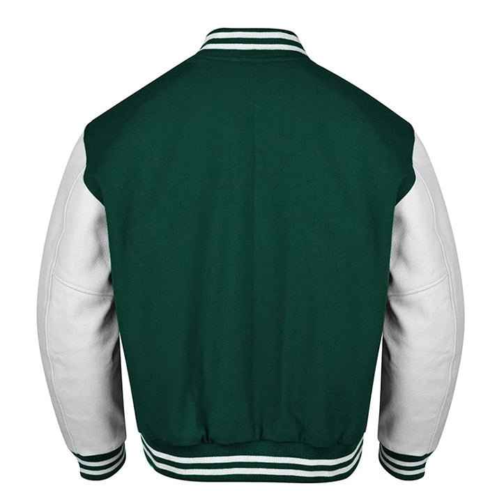 Premium Varsity Lettermen Baseball Jacket Forest Green Wool Body & White Leather Sleeves