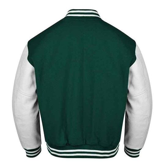 Premium Varsity Lettermen Baseball Jacket Forest Green Wool Body & White Leather Sleeves