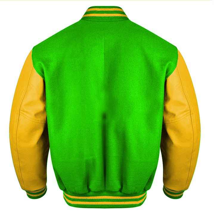 Premium Varsity Lettermen Baseball Jacket Kelly Green Wool Body & Gold Leather Sleeves