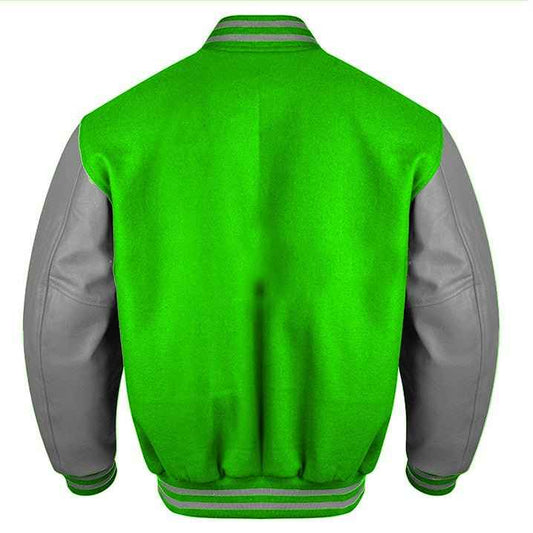 Premium Varsity Lettermen Baseball Jacket Kelly Green Wool Body & Grey Leather Sleeves