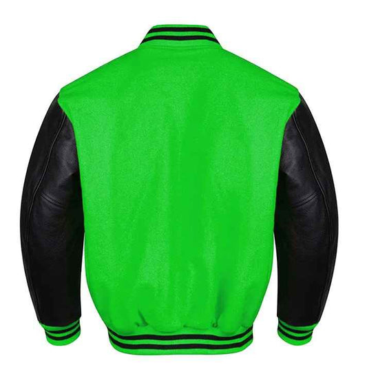 Premium Varsity Lettermen Baseball Jacket Green Wool Body & Black Leather Sleeves