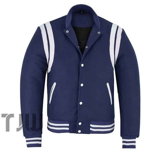 Classic Varsity Letterman Teddy Baseball College Navy Blue Wool With White Double Leather Strip Jacket