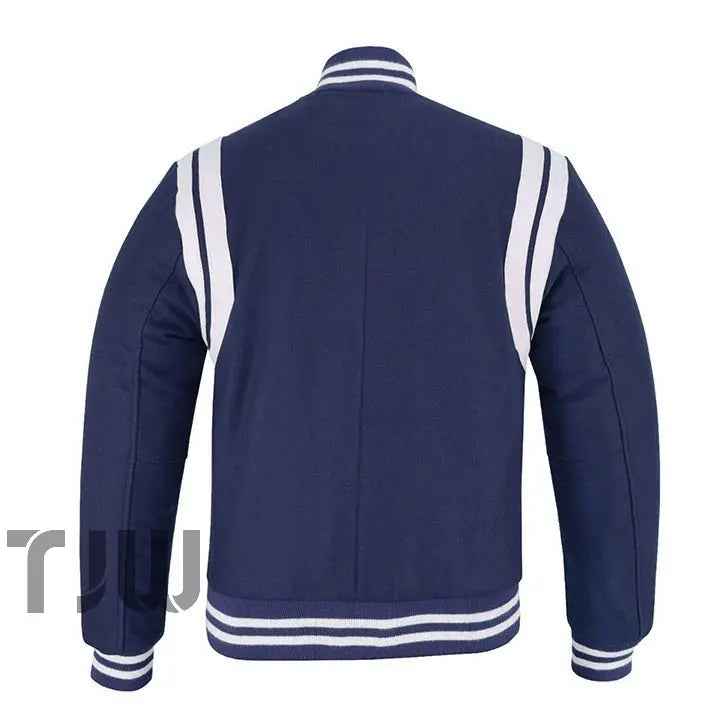 Classic Varsity Letterman Teddy Baseball College Navy Blue Wool With White Double Leather Strip Jacket