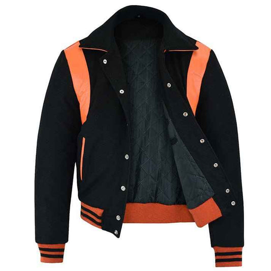 Classic Varsity Letterman Baseball College Black Wool With Orange Single Leather Strip Jacket