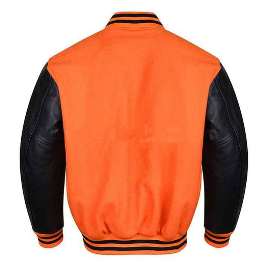 Premium Varsity Lettermen Baseball Jacket Orange Wool Body & Black Leather Sleeves