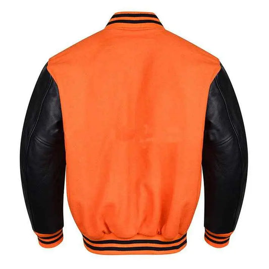 Premium Varsity Lettermen Baseball Jacket Orange Wool Body & Black Leather Sleeves