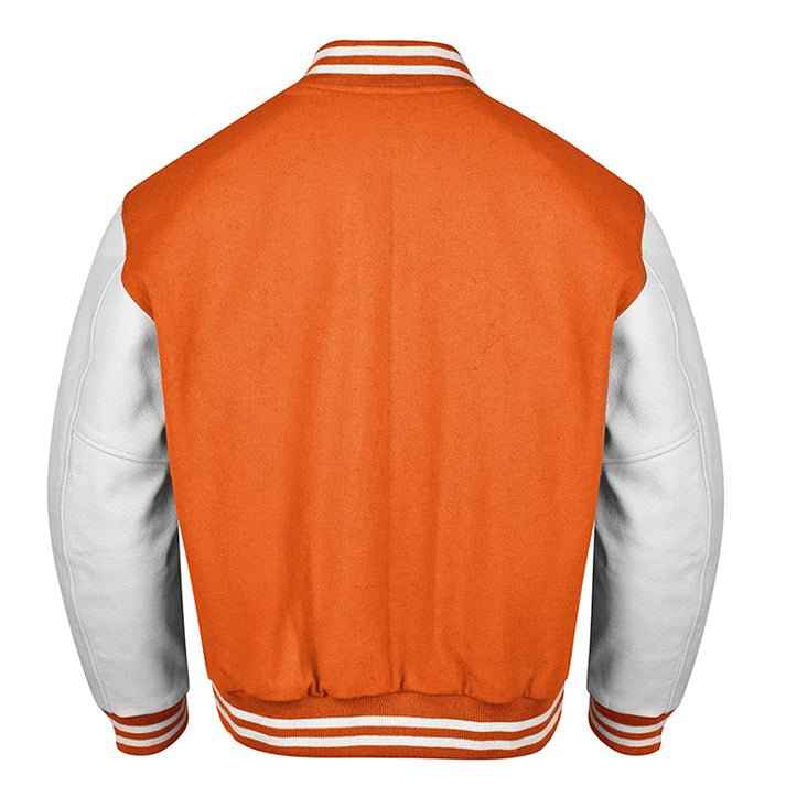 Premium Varsity Lettermen Baseball Jacket Orange Wool Body & White Leather Sleeves