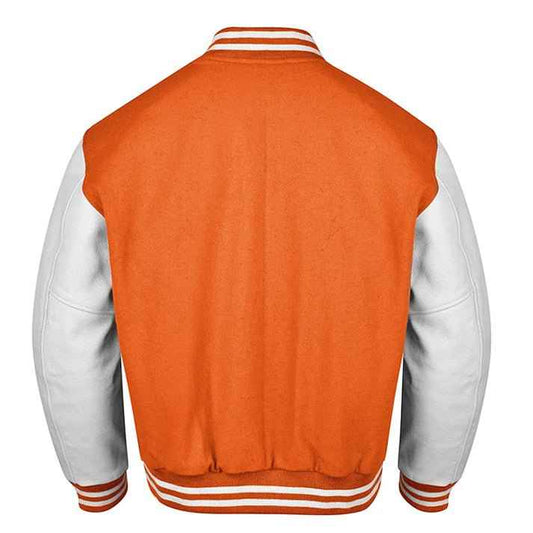 Premium Varsity Lettermen Baseball Jacket Orange Wool Body & White Leather Sleeves