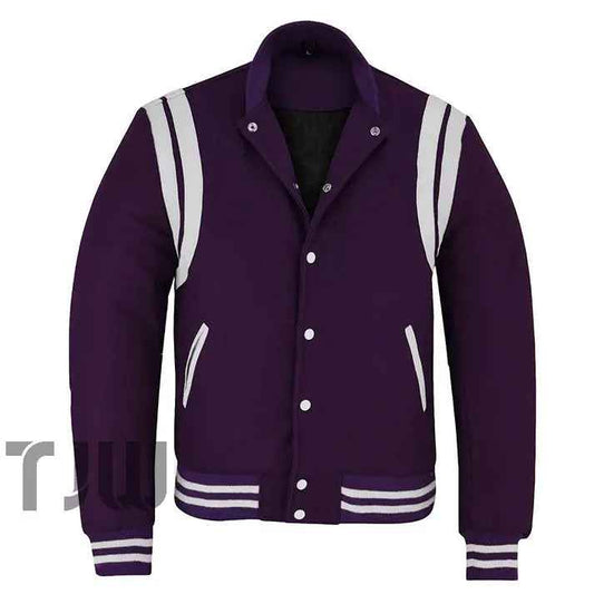 Teddy - Purple -Classic Varsity Letterman Teddy Baseball College Purple Wool With White Double Leather Strip Jacket