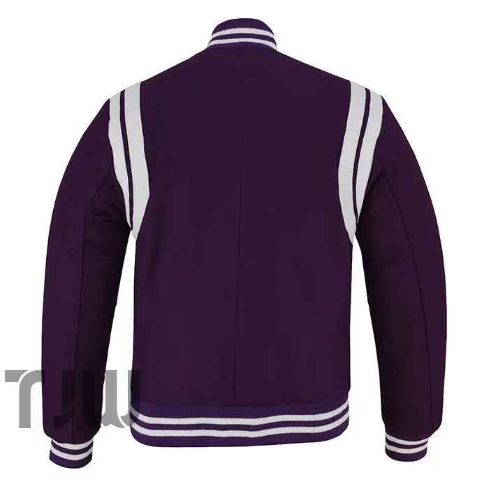 Teddy - Purple -Classic Varsity Letterman Teddy Baseball College Purple Wool With White Double Leather Strip Jacket