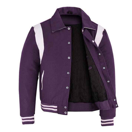 Classic Varsity Letterman Baseball College Purple Wool With White Single Leather Strip Jacket