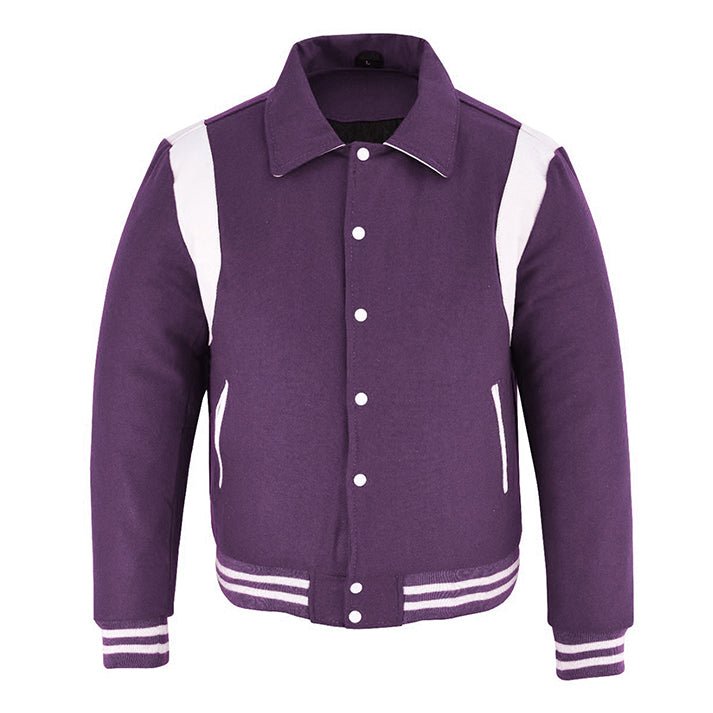 Purple Letterman Jacket with White Leather Sleeves