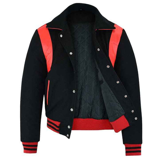 Classic Varsity Letterman Baseball College Black Wool With Red Single Leather Strip Jacket