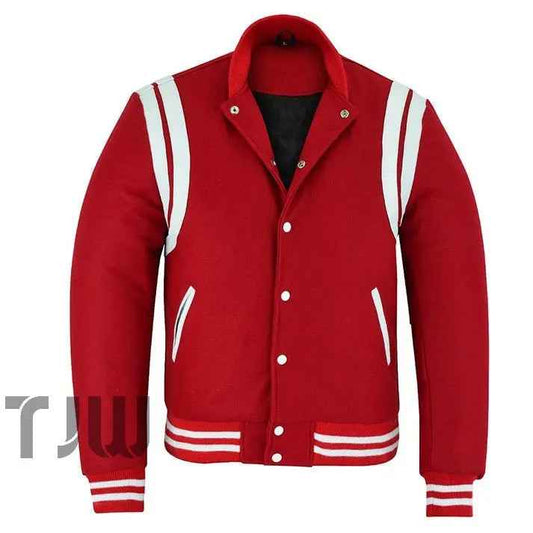 Classic Varsity Letterman Teddy Baseball College Red Wool With White Double Leather Strip Jacket