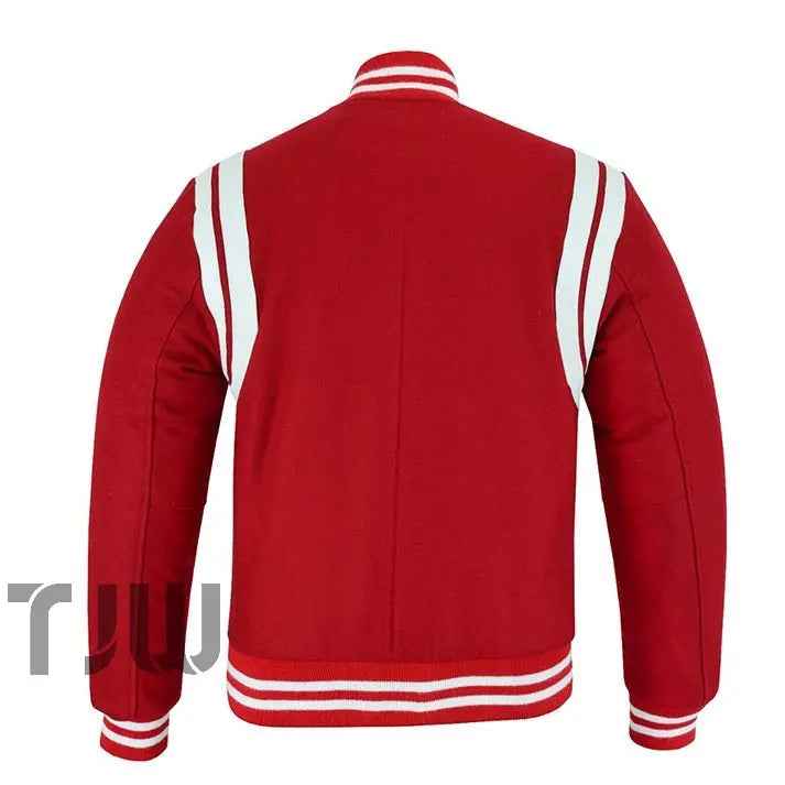 Classic Varsity Letterman Teddy Baseball College Red Wool With White Double Leather Strip Jacket