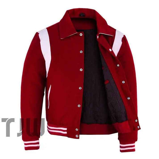Classic Varsity Letterman Baseball College Red Wool With White Single Leather Strip Jacket