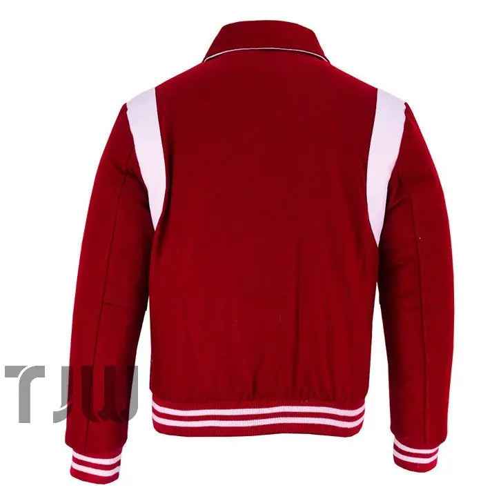 Classic Varsity Letterman Baseball College Red Wool With White Single Leather Strip Jacket