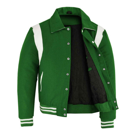 Classic Varsity Letterman Baseball College Green Wool With White Single Leather Strip Jacket