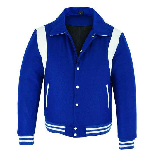 Classic Varsity Letterman Baseball College Royal Blue Wool With White Single Leather Strip Jacket