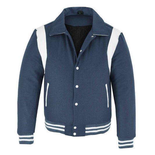 Classic Varsity Letterman Baseball College Navy Wool With White Single Leather Strip Jacket