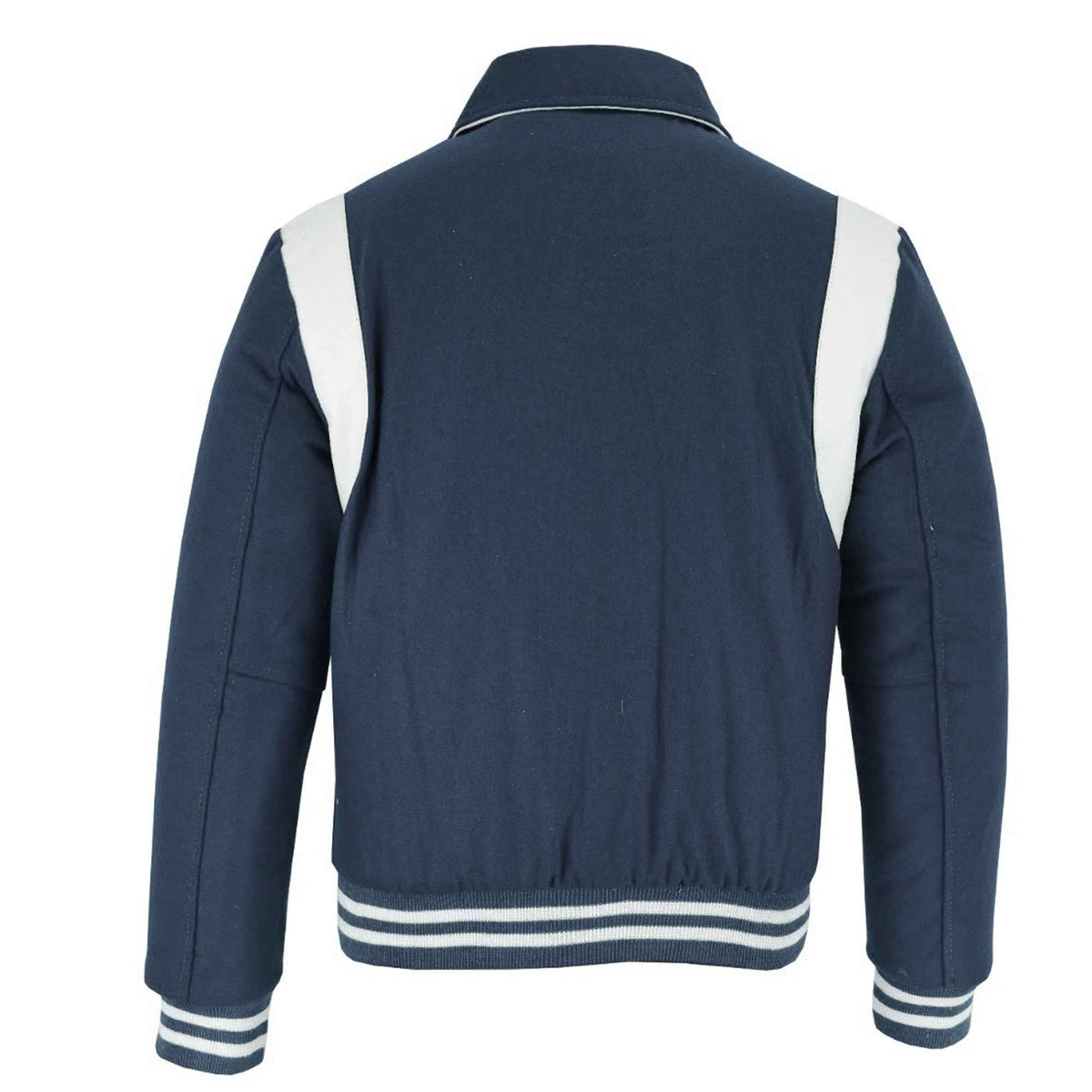 Classic Varsity Letterman Baseball College Navy Wool With White Single Leather Strip Jacket