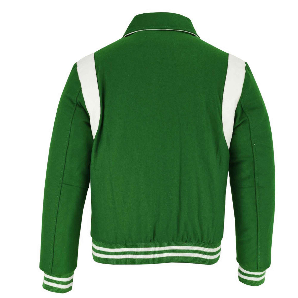 Classic Varsity Letterman Baseball College Green Wool With White Single Leather Strip Jacket