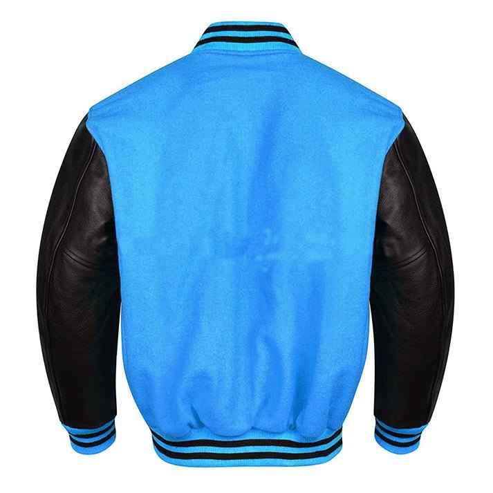Premium Varsity Lettermen Baseball Jacket Sky Blue Wool Body & Black Leather Sleeves
