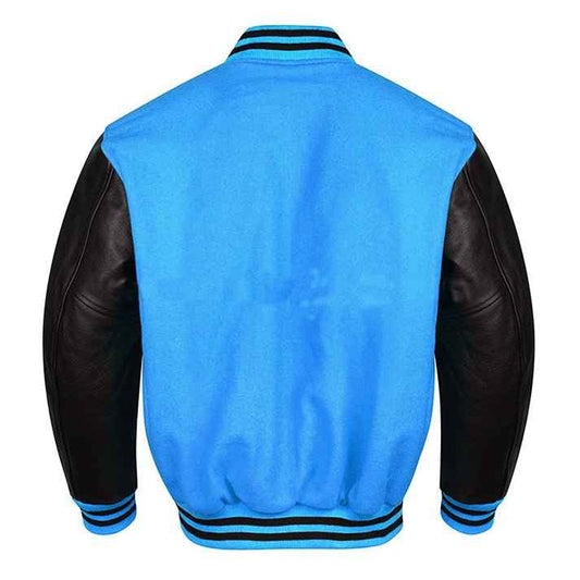 Premium Varsity Lettermen Baseball Jacket Sky Blue Wool Body & Black Leather Sleeves
