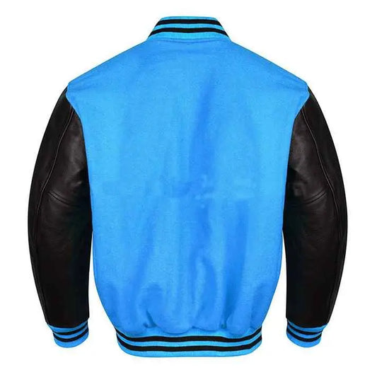 Premium Varsity Lettermen Baseball Jacket Sky Blue Wool Body & Black Leather Sleeves