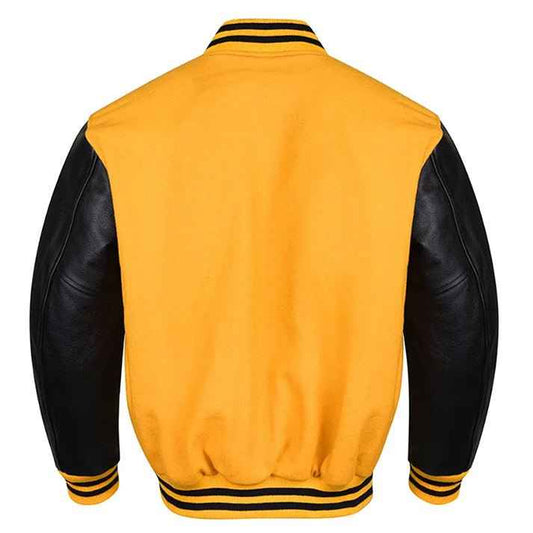 Premium Varsity Lettermen Baseball Jacket Gold Wool Body & Black Leather Sleeves