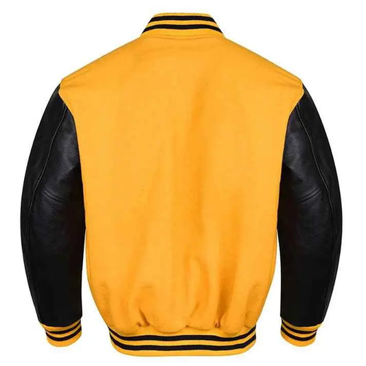 Premium Varsity Lettermen Baseball Jacket Gold Wool Body & Black Leather Sleeves