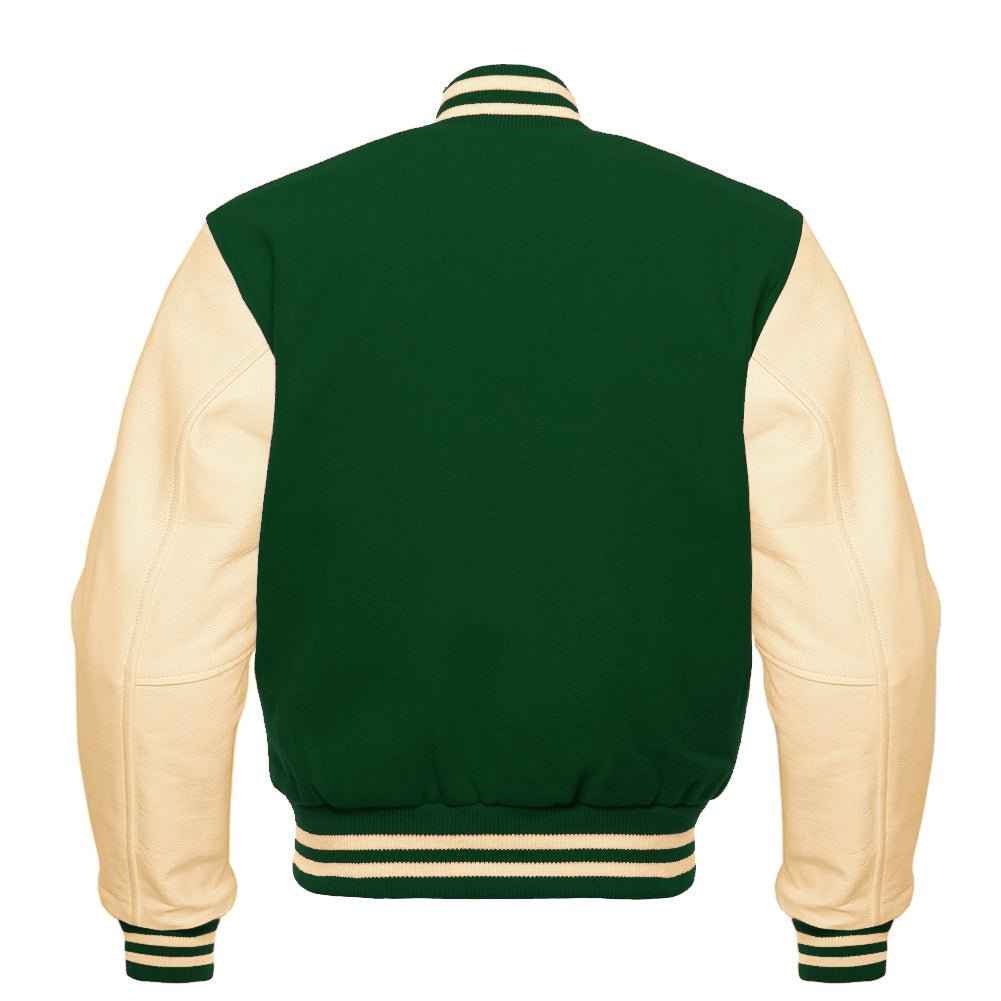 Premium Varsity Lettermen Baseball Jacket Forest Green Wool Body & Cream Leather Sleeves