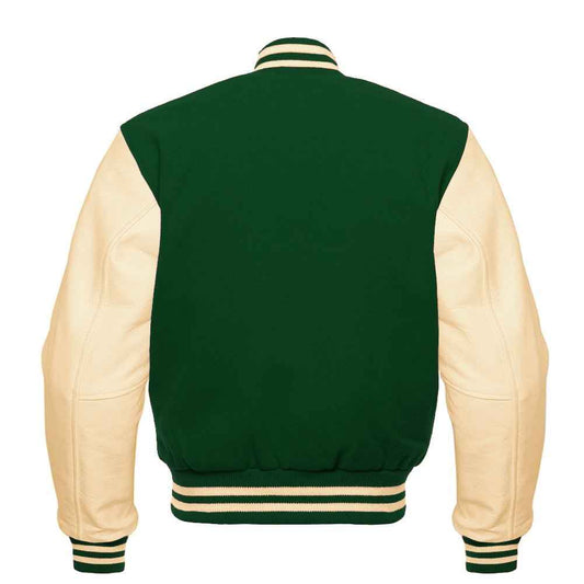 Premium Varsity Lettermen Baseball Jacket Forest Green Wool Body & Cream Leather Sleeves