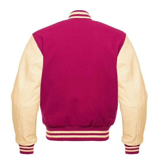 Premium Varsity Lettermen Baseball Jacket Hot Pink Wool Body & Cream Leather Sleeves
