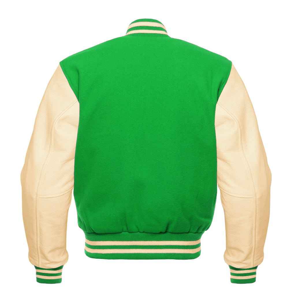 Premium Varsity Lettermen Baseball Jacket Kelly Green Wool Body & Cream Leather Sleeves