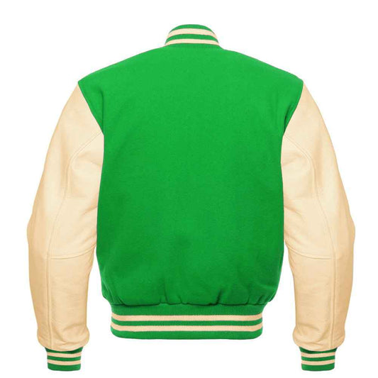 Premium Varsity Lettermen Baseball Jacket Kelly Green Wool Body & Cream Leather Sleeves